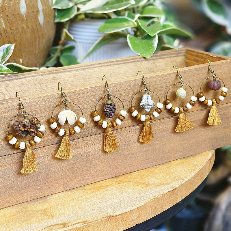 Wholesale Retro Real Fruit Exaggerated Large Hoop Hanging Wooden Beads Earrings